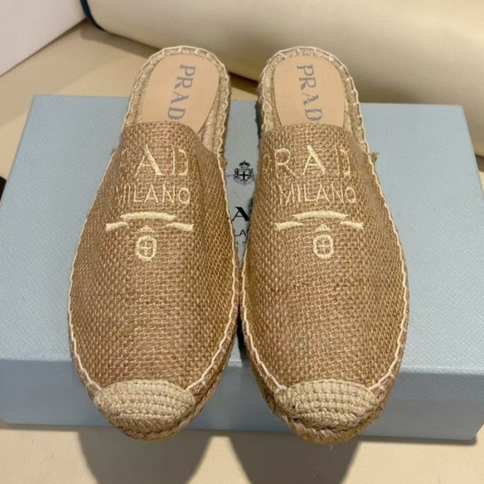 Prada Womens Shoes Casual Luxury Brand Breathable Hemp espadrilles Shoes Sandals Slippers with Original Box