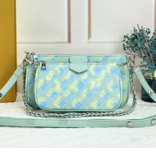 Louis Vuitton Womens Bags Clutch Wallets Luxury Brand Fashion Type Messenger Bags MULTI POCHETTE ACCESSOIRES M46180 Vert d'eau Green Sprayed and embossed grained cowhide leather