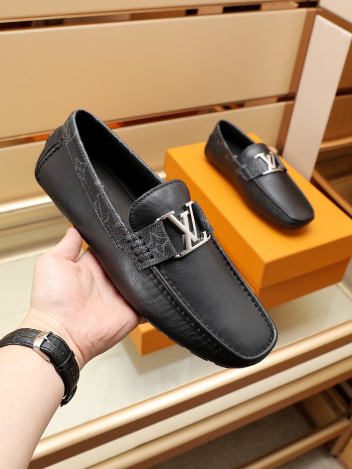 Louis Vuitton Men Shoes Luxury Brand LV Loafers Shoes with Original Box MONTE CARLO MOCCASINS 1A8F7B Black Calf leather and Monogram canvas