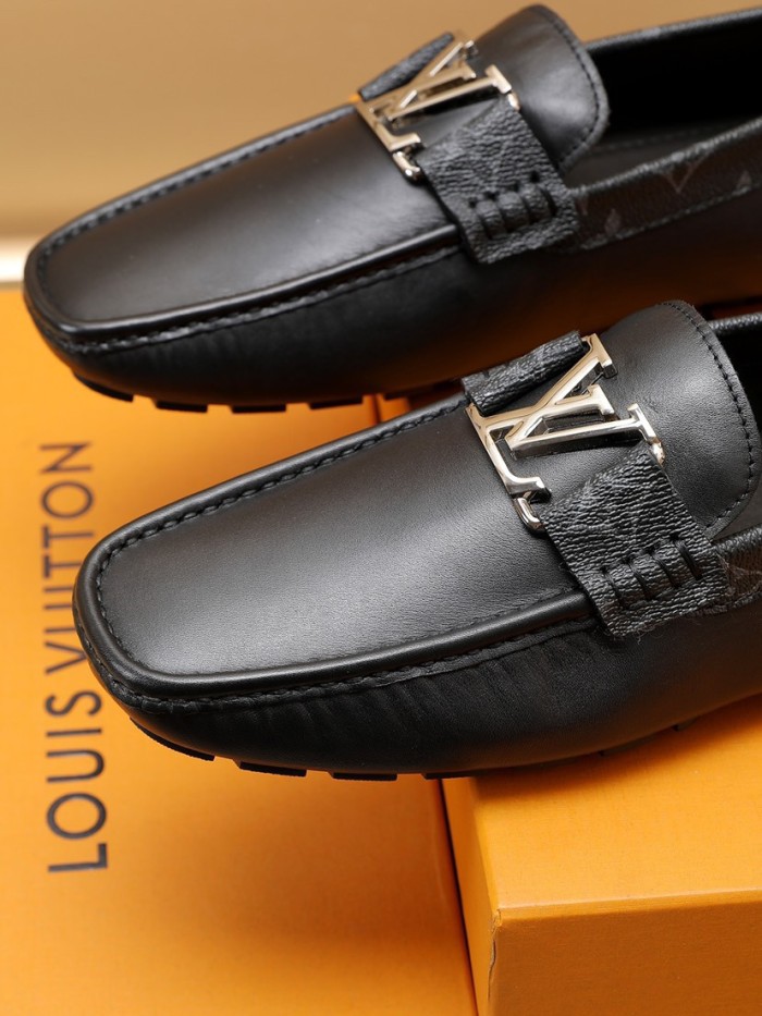 Louis Vuitton Men Shoes Luxury Brand LV Loafers Shoes with Original Box MONTE CARLO MOCCASINS 1A8F7B Black Calf leather and Monogram canvas