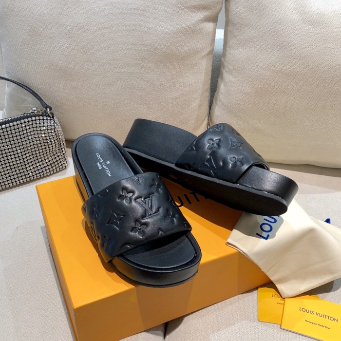Louis Vuitton Womens Shoes Sandals Slippers Luxury Brand Louis Vuitton JUMBO FLATFORM MULE with Original Box 1A9QYY Black Monogram-embossed lambskin