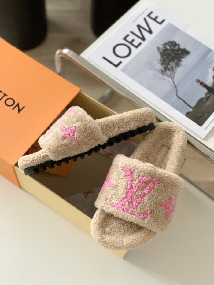 Louis Vuitton Womens Shoes Slide Slippers for Winter Wool Fabric Luxury Brand Designer PASEO FLAT COMFORT MULE with Original Box