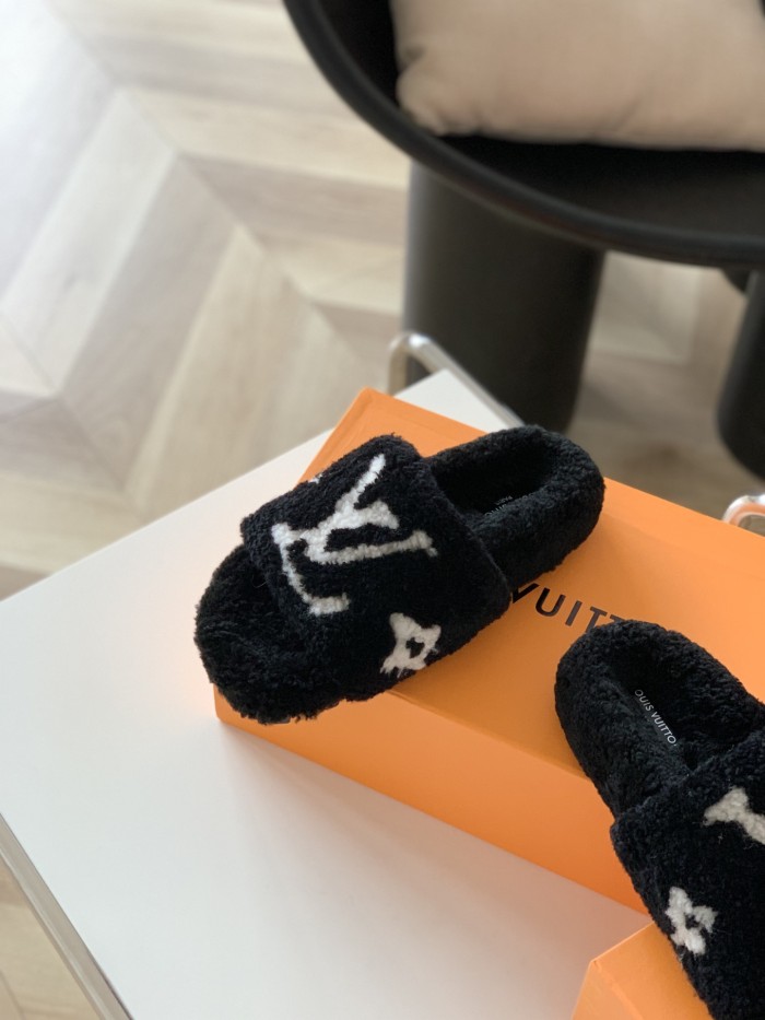 Louis Vuitton Womens Shoes Slide Slippers for Winter Wool Fabric Luxury Brand Designer PASEO FLAT COMFORT MULE with Original Box