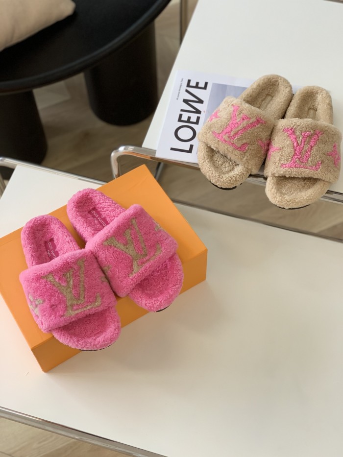 Louis Vuitton Womens Shoes Slide Slippers for Winter Wool Fabric Luxury Brand Designer PASEO FLAT COMFORT MULE with Original Box