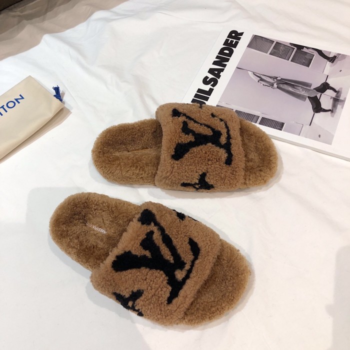 Louis Vuitton Womens Shoes Slide Slippers for Winter Wool Fabric Luxury Brand Designer PASEO FLAT COMFORT MULE with Original Box