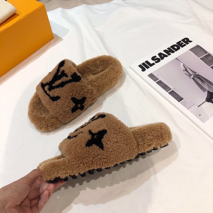 Louis Vuitton Womens Shoes Slide Slippers for Winter Wool Fabric Luxury Brand Designer PASEO FLAT COMFORT MULE with Original Box