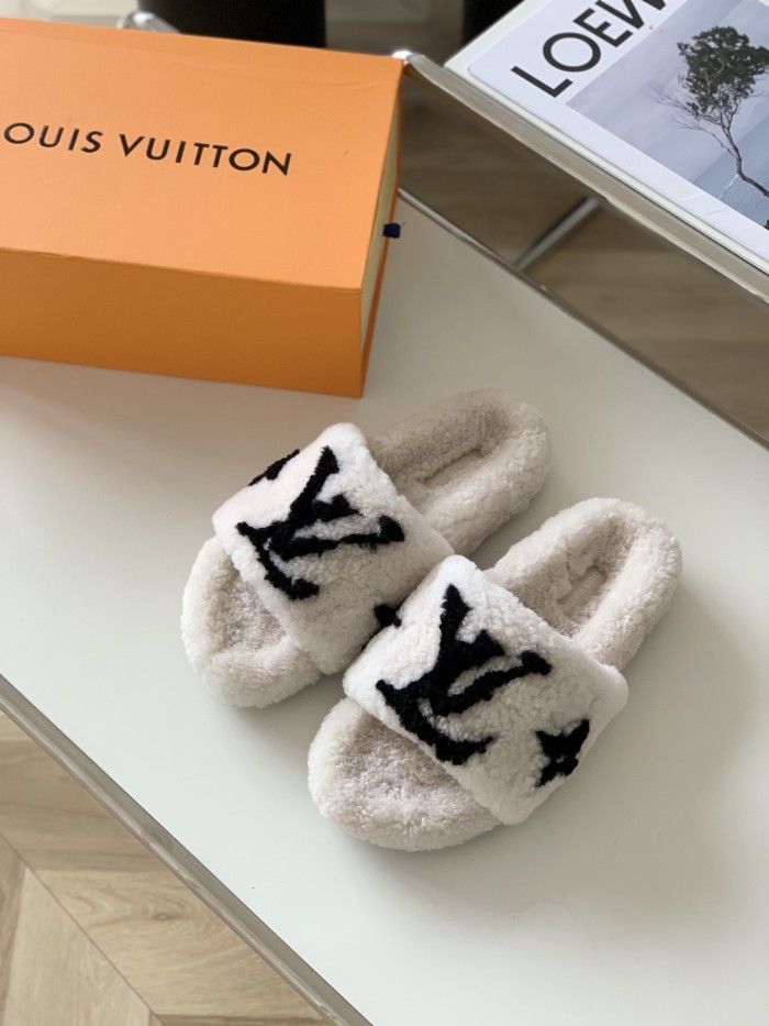 Louis Vuitton Womens Shoes Slide Slippers for Winter Wool Fabric Luxury Brand Designer PASEO FLAT COMFORT MULE with Original Box