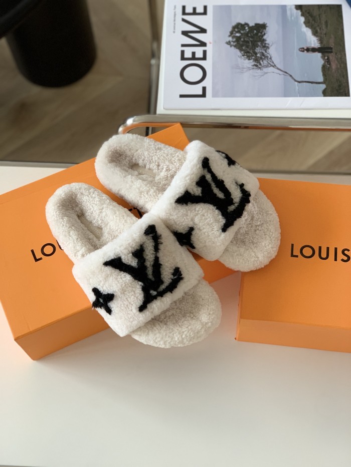 Louis Vuitton Womens Shoes Slide Slippers for Winter Wool Fabric Luxury Brand Designer PASEO FLAT COMFORT MULE with Original Box