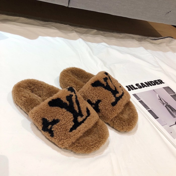 Louis Vuitton Womens Shoes Slide Slippers for Winter Wool Fabric Luxury Brand Designer PASEO FLAT COMFORT MULE with Original Box