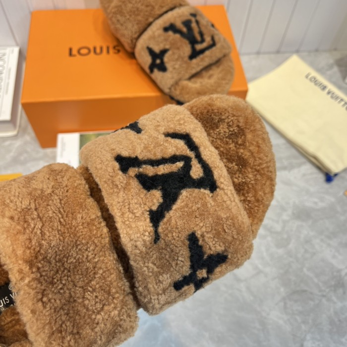 Louis Vuitton Womens Shoes Slide Slippers for Winter Wool Fabric Luxury Brand Designer PASEO FLAT COMFORT MULE with Original Box