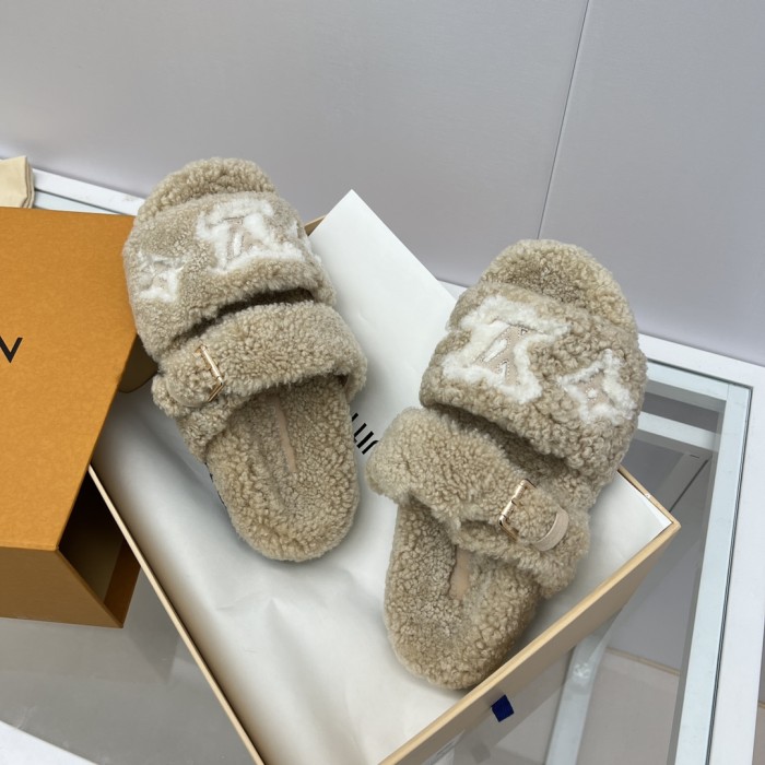 Louis Vuitton Womens Shoes Slide Slippers for Winter Wool Fabric Luxury Brand Designer PASEO FLAT COMFORT MULE with Original Box