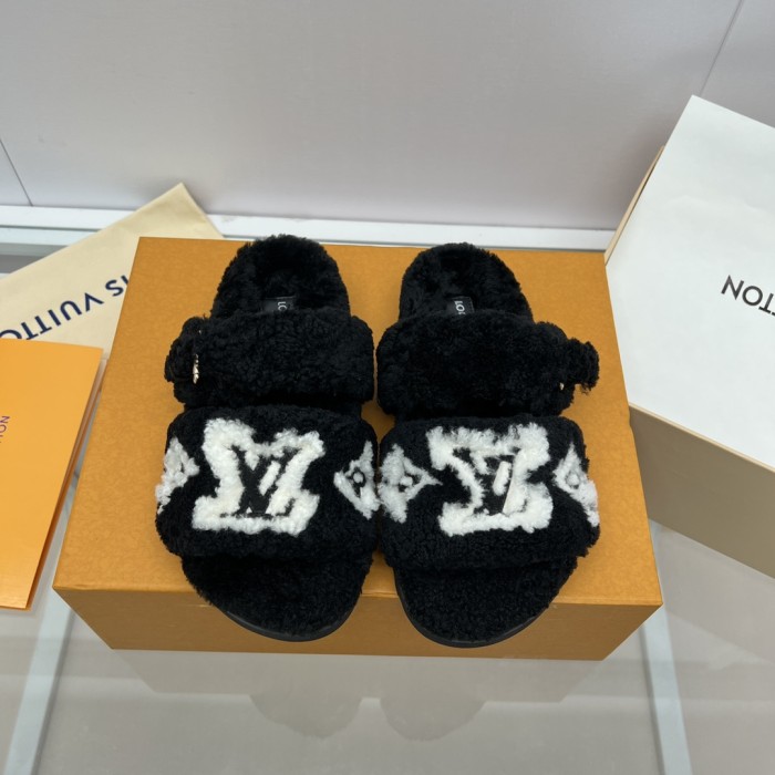 Louis Vuitton Womens Shoes Slide Slippers for Winter Wool Fabric Luxury Brand Designer PASEO FLAT COMFORT MULE with Original Box