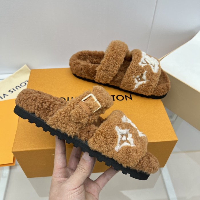 Louis Vuitton Womens Shoes Slide Slippers for Winter Wool Fabric Luxury Brand Designer PASEO FLAT COMFORT MULE with Original Box