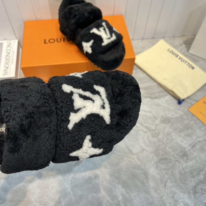 Louis Vuitton Womens Shoes Slide Slippers for Winter Wool Fabric Luxury Brand Designer PASEO FLAT COMFORT MULE with Original Box