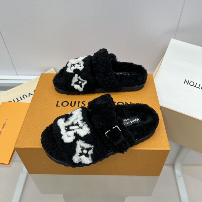 Louis Vuitton Womens Shoes Slide Slippers for Winter Wool Fabric Luxury Brand Designer PASEO FLAT COMFORT MULE with Original Box