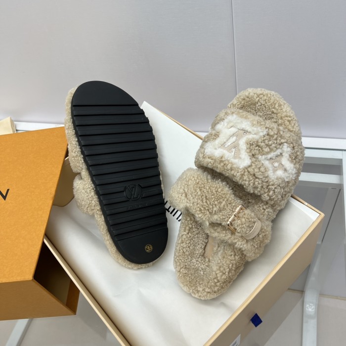 Louis Vuitton Womens Shoes Slide Slippers for Winter Wool Fabric Luxury Brand Designer PASEO FLAT COMFORT MULE with Original Box