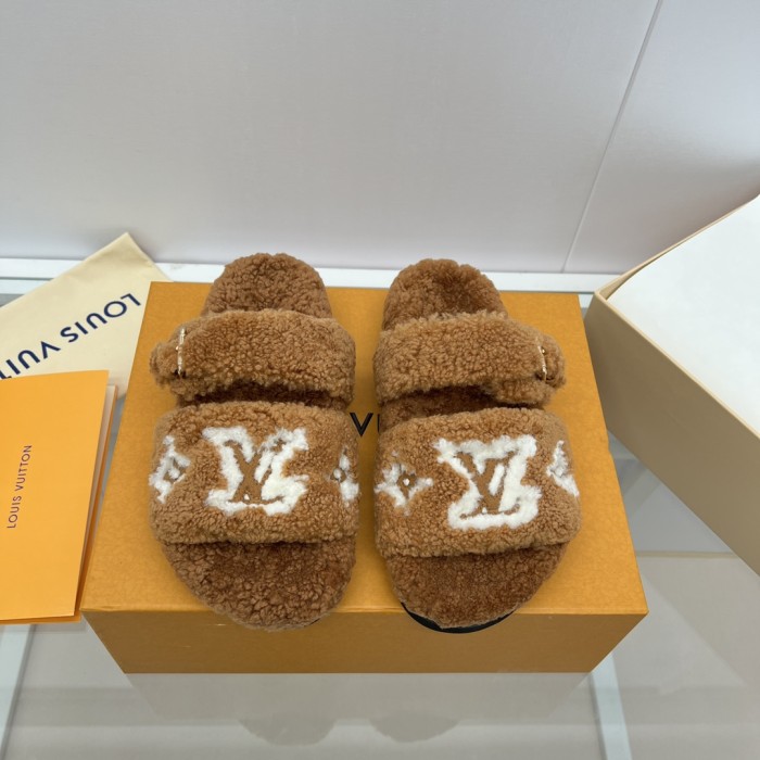 Louis Vuitton Womens Shoes Slide Slippers for Winter Wool Fabric Luxury Brand Designer PASEO FLAT COMFORT MULE with Original Box