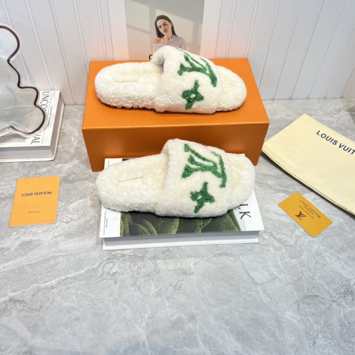 Louis Vuitton Womens Shoes Slide Slippers for Winter Wool Fabric Luxury Brand Designer PASEO FLAT COMFORT MULE with Original Box