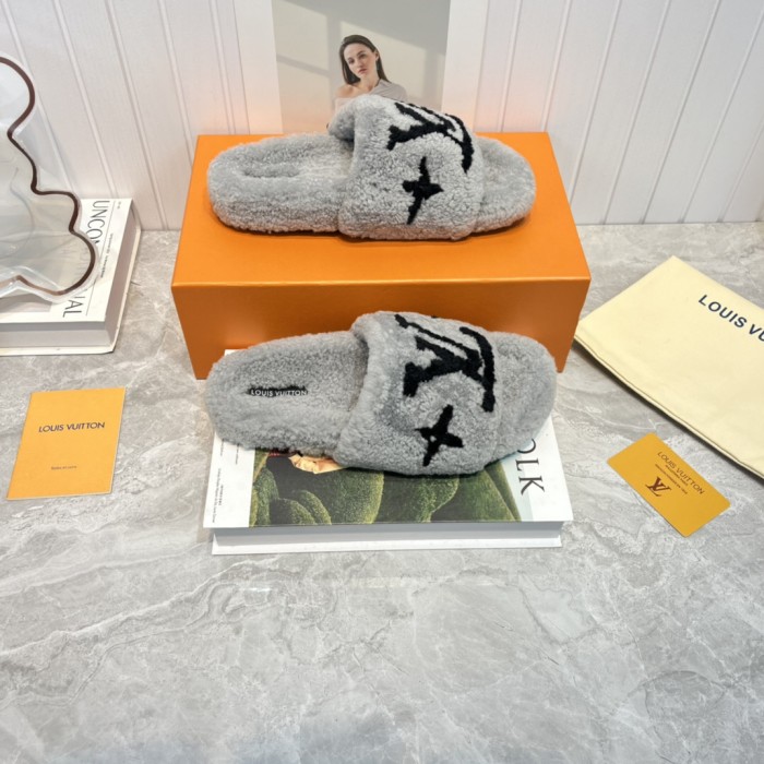 Louis Vuitton Womens Shoes Slide Slippers for Winter Wool Fabric Luxury Brand Designer PASEO FLAT COMFORT MULE with Original Box