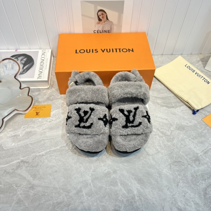 Louis Vuitton Womens Shoes Slide Slippers for Winter Wool Fabric Luxury Brand Designer PASEO FLAT COMFORT MULE with Original Box