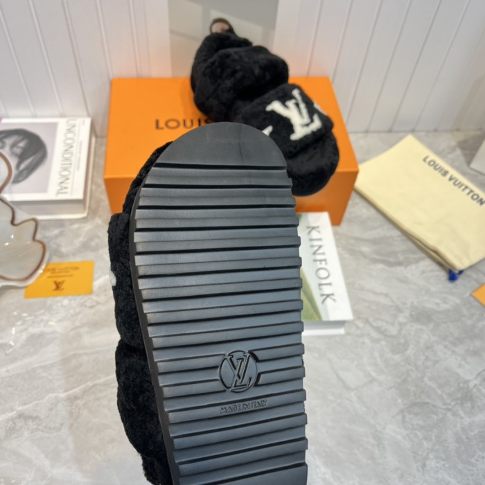 Louis Vuitton Womens Shoes Slide Slippers for Winter Wool Fabric Luxury Brand Designer PASEO FLAT COMFORT MULE with Original Box