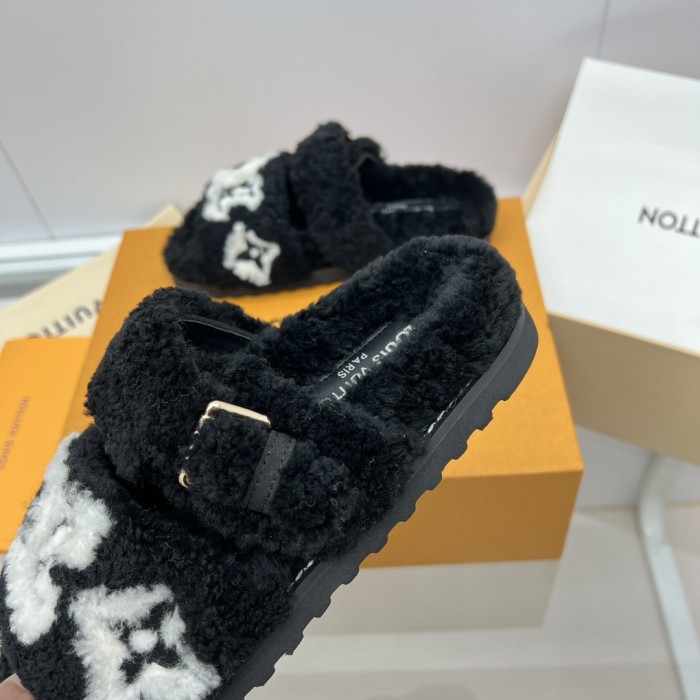 Louis Vuitton Womens Shoes Slide Slippers for Winter Wool Fabric Luxury Brand Designer PASEO FLAT COMFORT MULE with Original Box