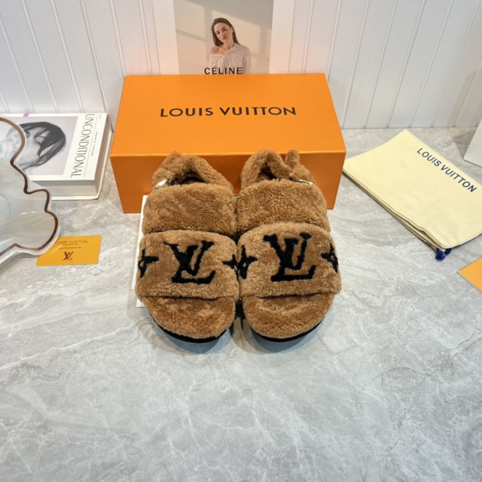Louis Vuitton Womens Shoes Slide Slippers for Winter Wool Fabric Luxury Brand Designer PASEO FLAT COMFORT MULE with Original Box