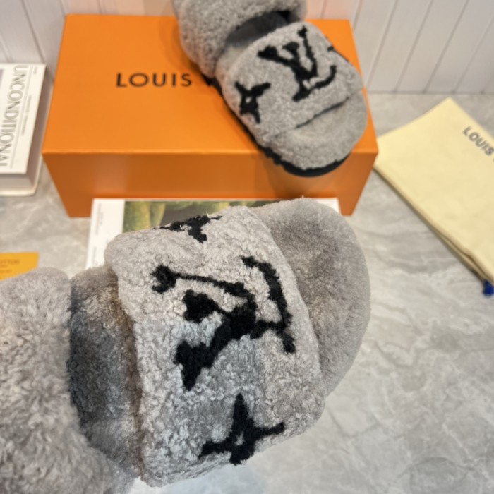 Louis Vuitton Womens Shoes Slide Slippers for Winter Wool Fabric Luxury Brand Designer PASEO FLAT COMFORT MULE with Original Box