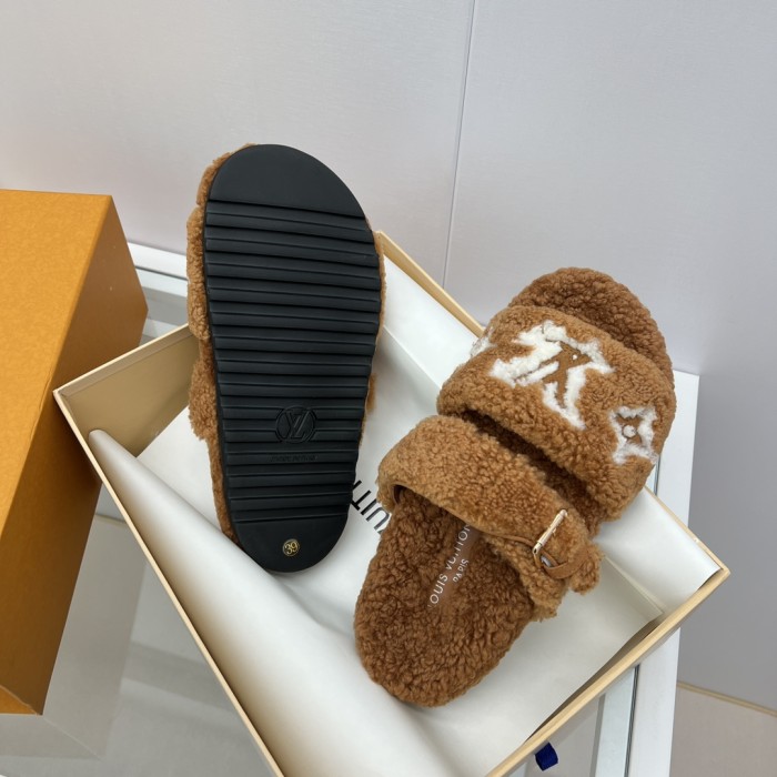 Louis Vuitton Womens Shoes Slide Slippers for Winter Wool Fabric Luxury Brand Designer PASEO FLAT COMFORT MULE with Original Box