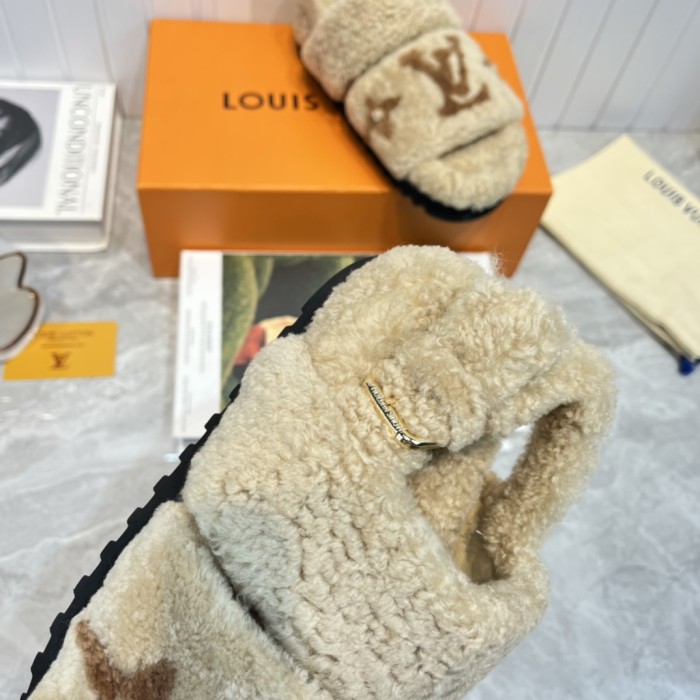 Louis Vuitton Womens Shoes Slide Slippers for Winter Wool Fabric Luxury Brand Designer PASEO FLAT COMFORT MULE with Original Box