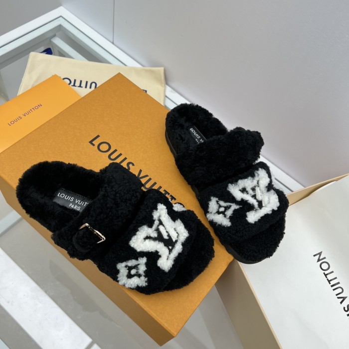 Louis Vuitton Womens Shoes Slide Slippers for Winter Wool Fabric Luxury Brand Designer PASEO FLAT COMFORT MULE with Original Box