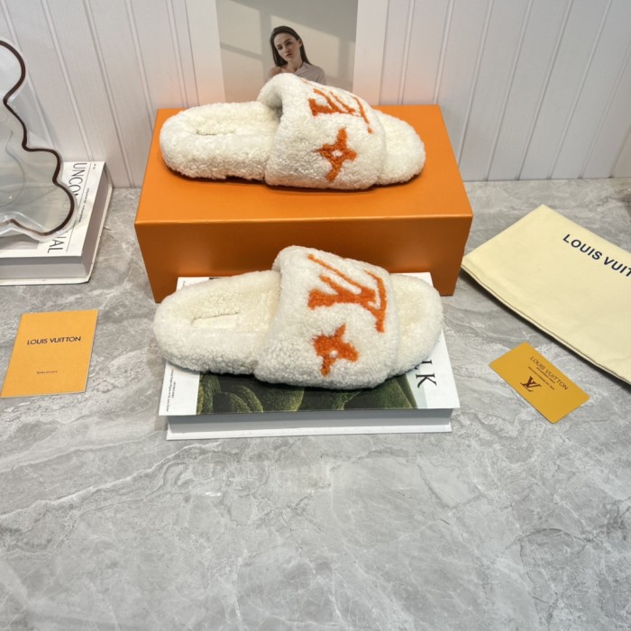Louis Vuitton Womens Shoes Slide Slippers for Winter Wool Fabric Luxury Brand Designer PASEO FLAT COMFORT MULE with Original Box