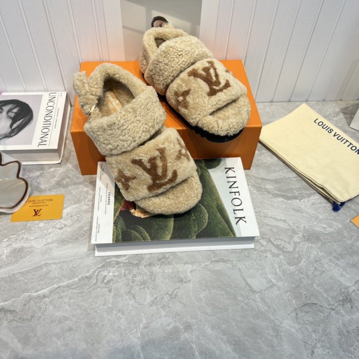 Louis Vuitton Womens Shoes Slide Slippers for Winter Wool Fabric Luxury Brand Designer PASEO FLAT COMFORT MULE with Original Box