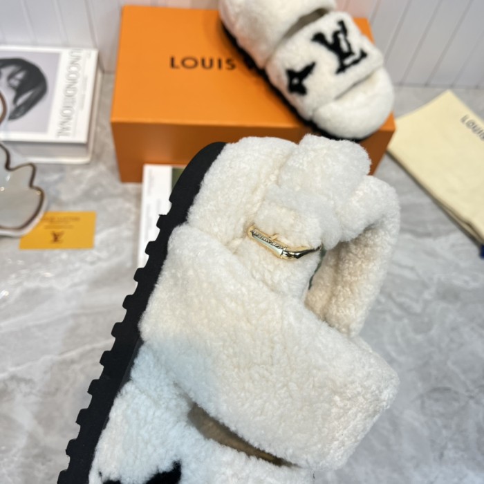 Louis Vuitton Womens Shoes Slide Slippers for Winter Wool Fabric Luxury Brand Designer PASEO FLAT COMFORT MULE with Original Box
