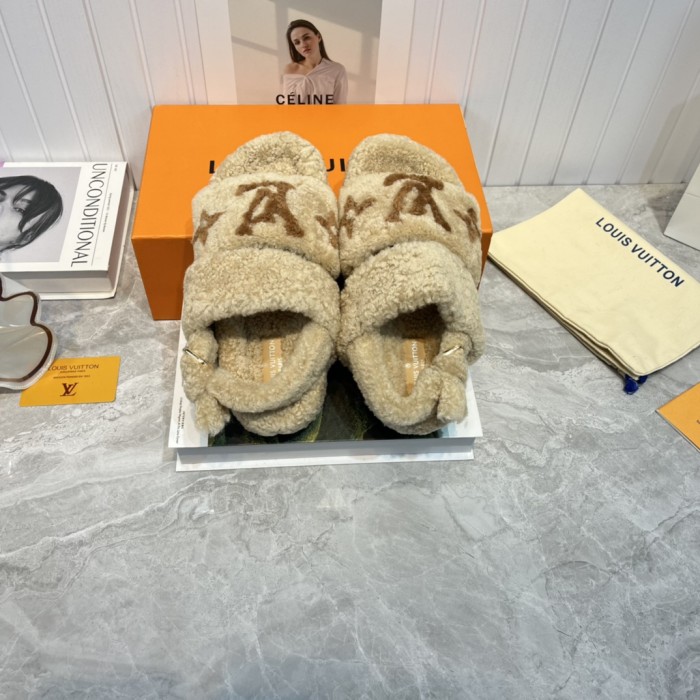 Louis Vuitton Womens Shoes Slide Slippers for Winter Wool Fabric Luxury Brand Designer PASEO FLAT COMFORT MULE with Original Box