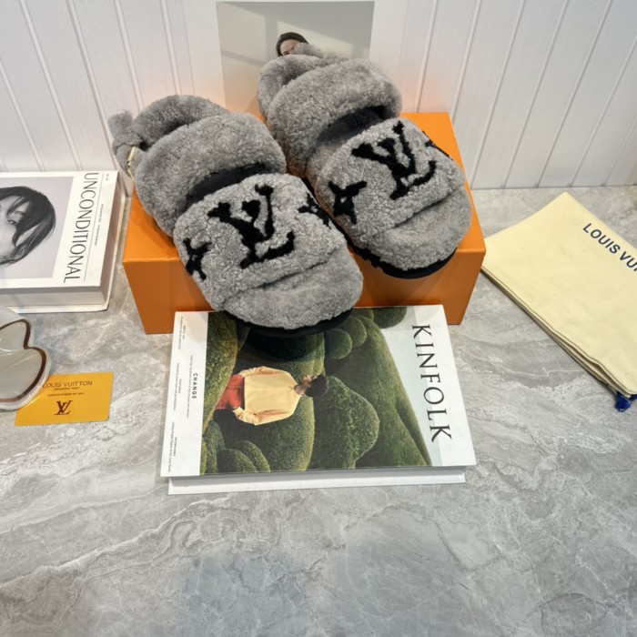 Louis Vuitton Womens Shoes Slide Slippers for Winter Wool Fabric Luxury Brand Designer PASEO FLAT COMFORT MULE with Original Box