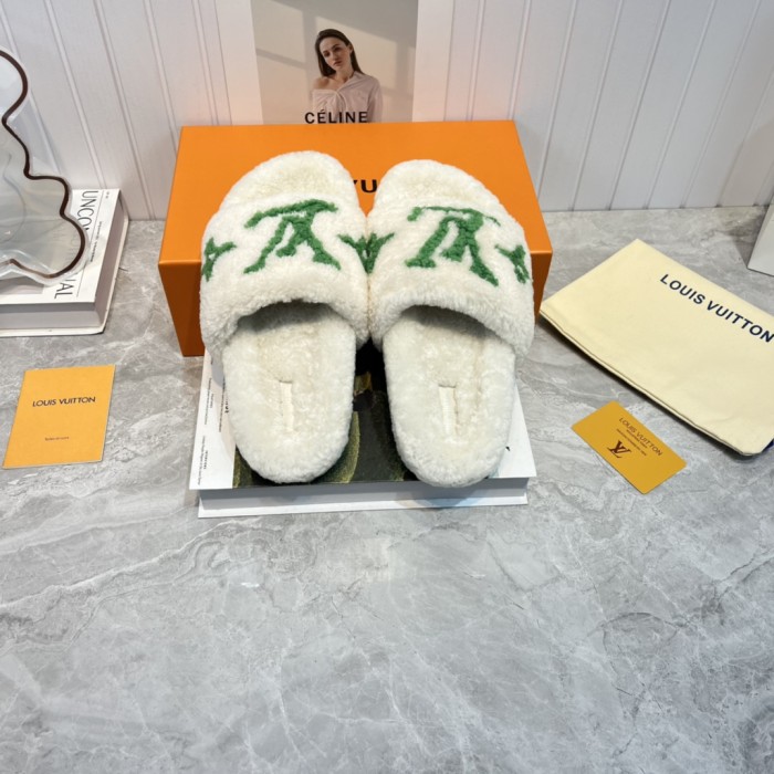 Louis Vuitton Womens Shoes Slide Slippers for Winter Wool Fabric Luxury Brand Designer PASEO FLAT COMFORT MULE with Original Box