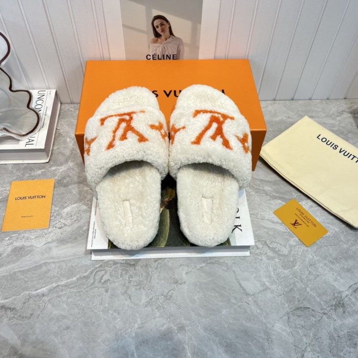 Louis Vuitton Womens Shoes Slide Slippers for Winter Wool Fabric Luxury Brand Designer PASEO FLAT COMFORT MULE with Original Box