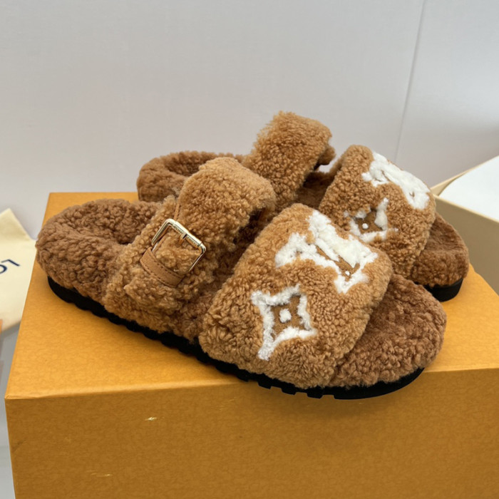 Louis Vuitton Womens Shoes Slide Slippers for Winter Wool Fabric Luxury Brand Designer PASEO FLAT COMFORT MULE with Original Box