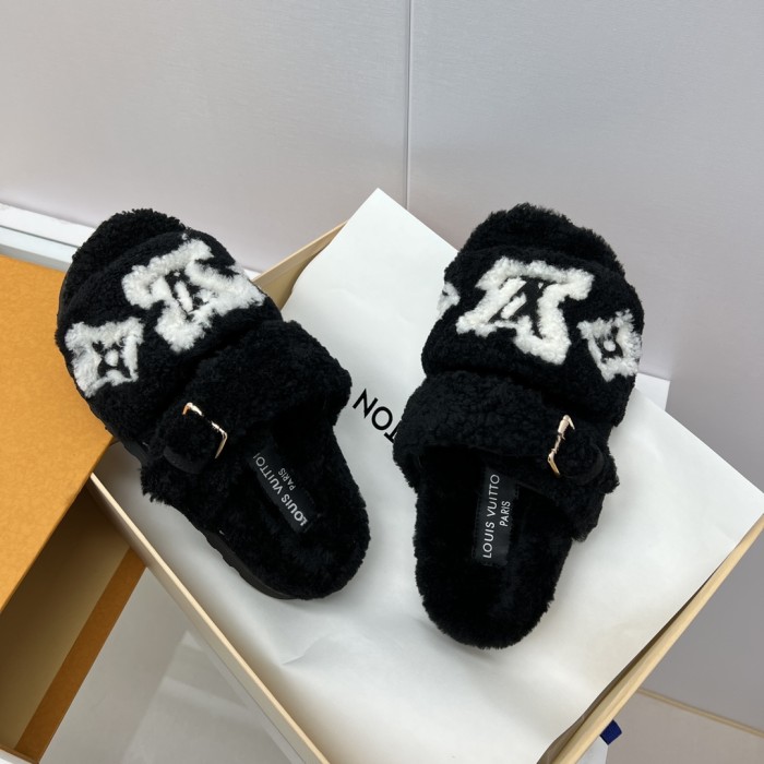 Louis Vuitton Womens Shoes Slide Slippers for Winter Wool Fabric Luxury Brand Designer PASEO FLAT COMFORT MULE with Original Box