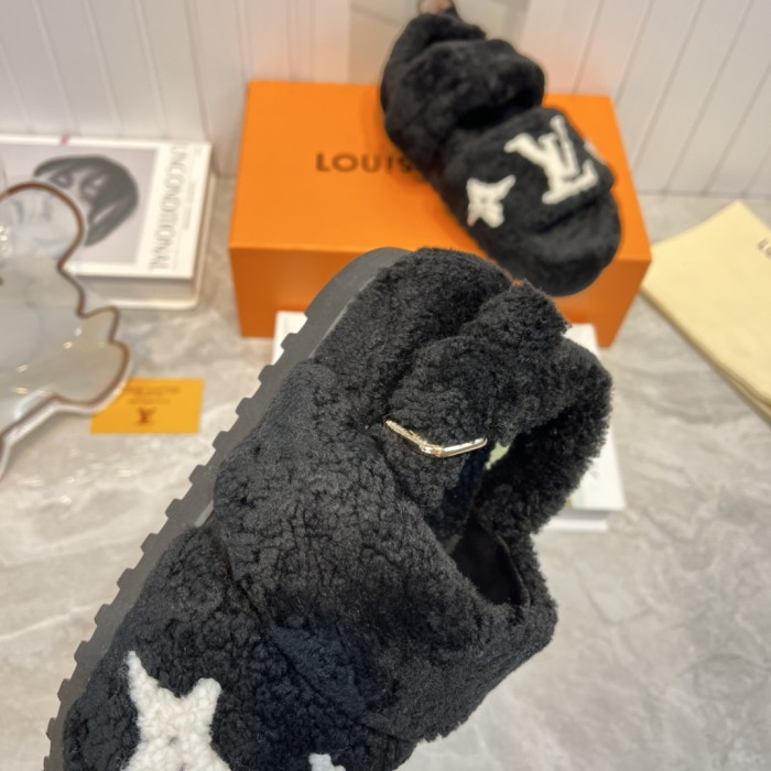 Louis Vuitton Womens Shoes Slide Slippers for Winter Wool Fabric Luxury Brand Designer PASEO FLAT COMFORT MULE with Original Box