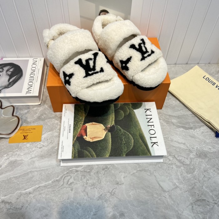 Louis Vuitton Womens Shoes Slide Slippers for Winter Wool Fabric Luxury Brand Designer PASEO FLAT COMFORT MULE with Original Box