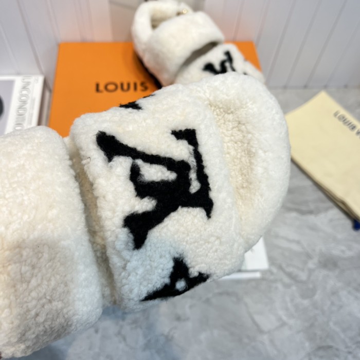 Louis Vuitton Womens Shoes Slide Slippers for Winter Wool Fabric Luxury Brand Designer PASEO FLAT COMFORT MULE with Original Box