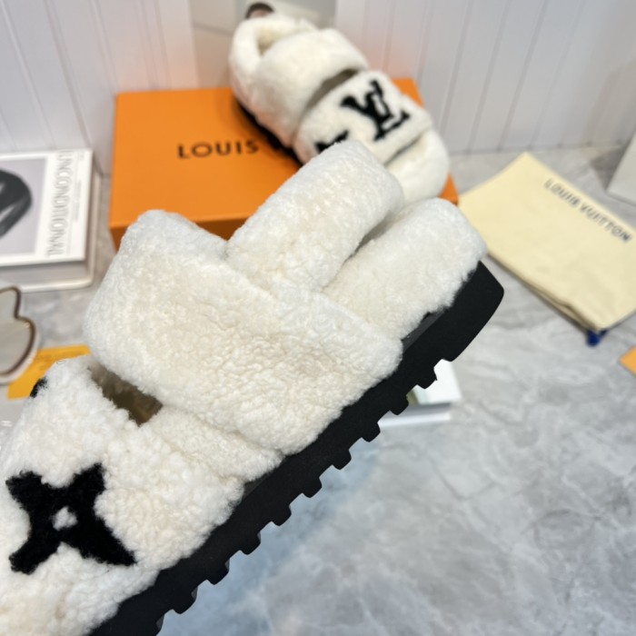 Louis Vuitton Womens Shoes Slide Slippers for Winter Wool Fabric Luxury Brand Designer PASEO FLAT COMFORT MULE with Original Box