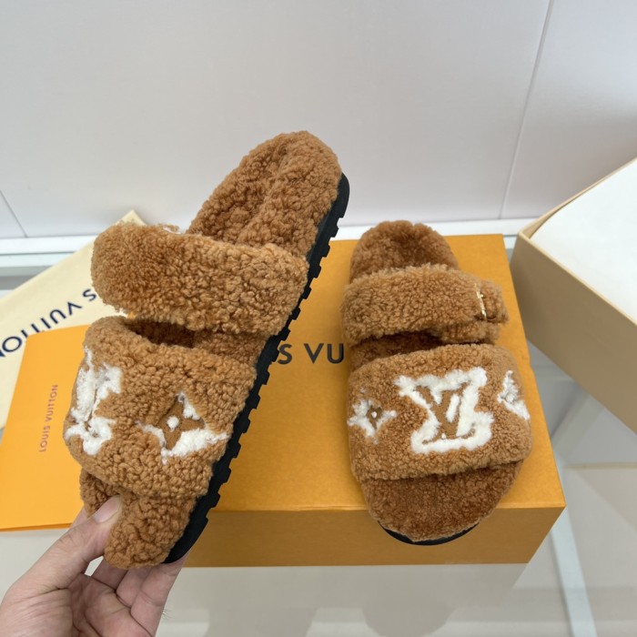 Louis Vuitton Womens Shoes Slide Slippers for Winter Wool Fabric Luxury Brand Designer PASEO FLAT COMFORT MULE with Original Box
