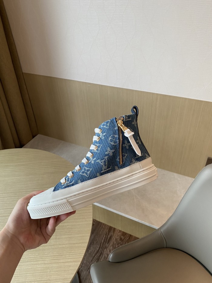 Louis Vuitton Womens Shoes Sneakers Luxury Brand STELLAR SNEAKER BOOT Monogram denim Bleu Jeans Blue with Original Box 1A4VT7