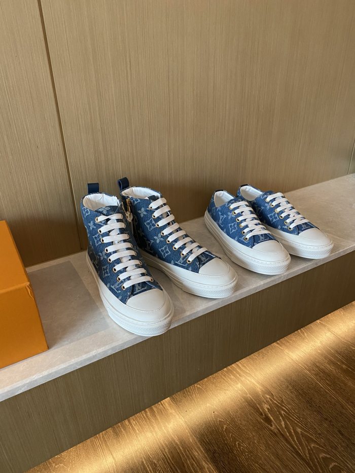Louis Vuitton Womens Shoes Sneakers Luxury Brand STELLAR SNEAKER BOOT Monogram denim Bleu Jeans Blue with Original Box 1A4VT7