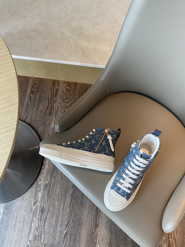 Louis Vuitton Womens Shoes Sneakers Luxury Brand STELLAR SNEAKER BOOT Monogram denim Bleu Jeans Blue with Original Box 1A4VT7