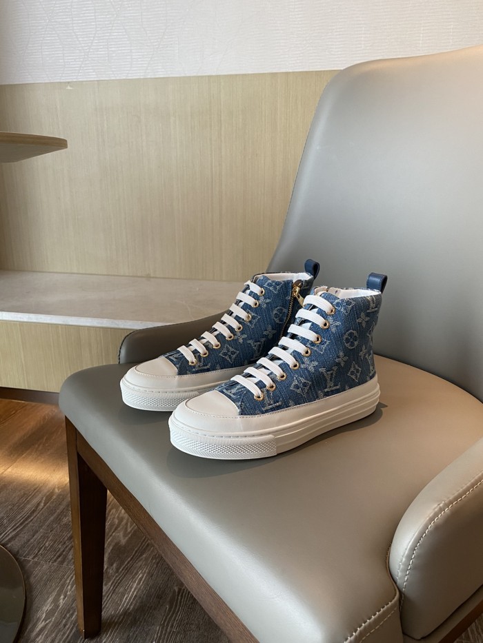 Louis Vuitton Womens Shoes Sneakers Luxury Brand STELLAR SNEAKER BOOT Monogram denim Bleu Jeans Blue with Original Box 1A4VT7