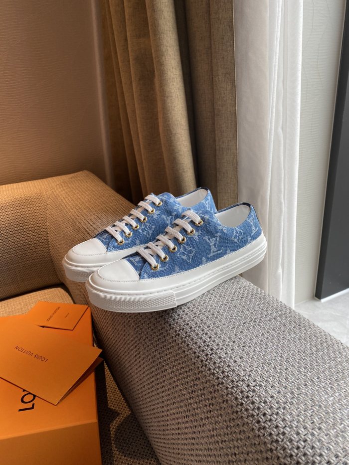 Louis Vuitton Womens Shoes Sneakers Luxury Brand STELLAR SNEAKER Monogram denim Bleu Jeans Blue with Original Box 1A4WTZ